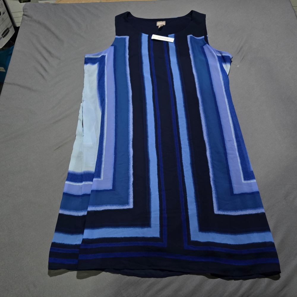 Chicos Watercolor Squares Dress Women 4 Stratus Blue Sleeveless Pockets